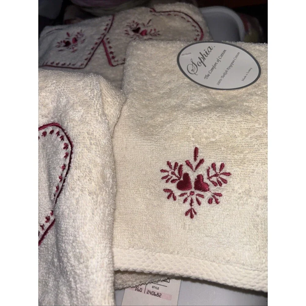 Sophia Towel Set Bath Hand & Fingertip Turkish Cotton Ivory Hearts New Set Of 3